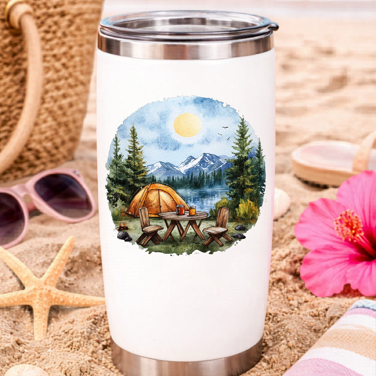 Lakeside Camp Scene UV DTF sticker applied to a water bottle at the beach
