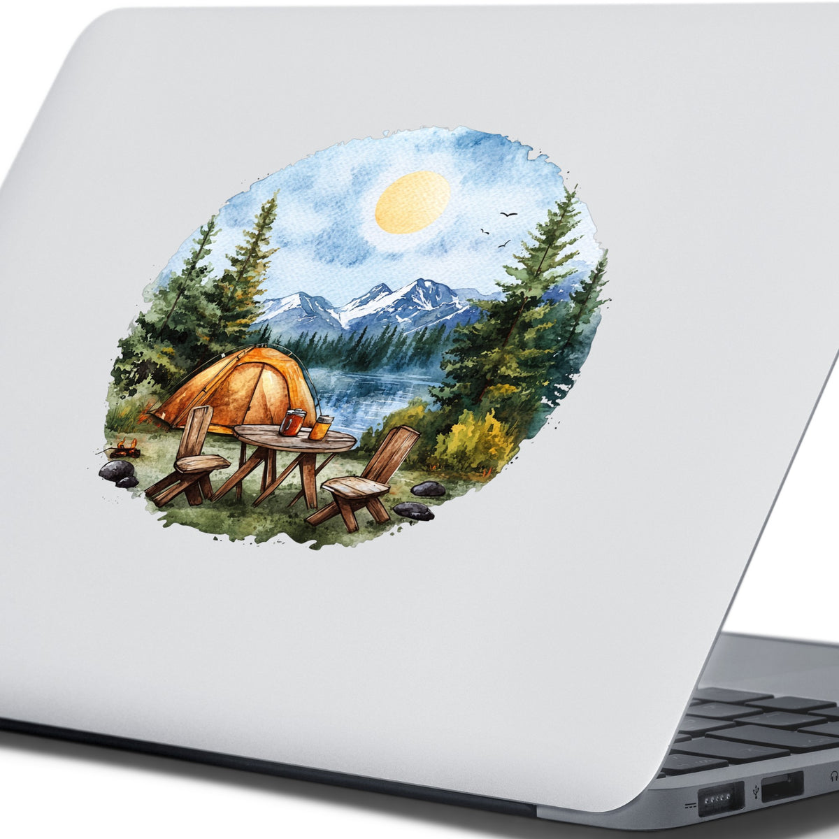 Lakeside Camp Scene UV DTF sticker applied to a laptop