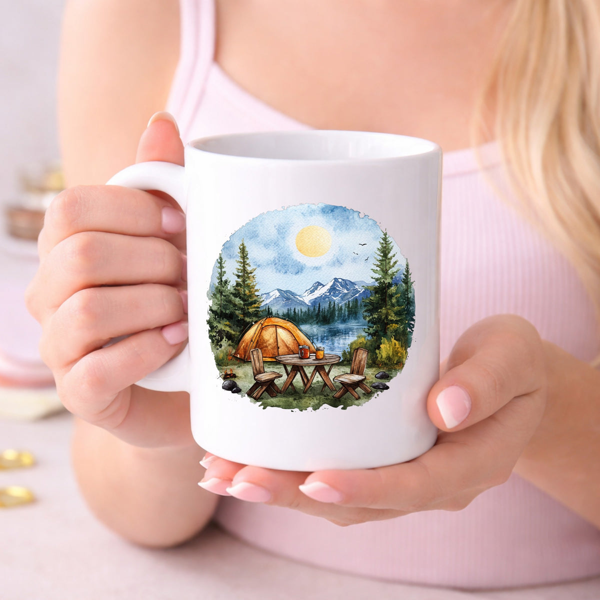 Lakeside Camp Scene UV DTF sticker displayed on a white coffee mug