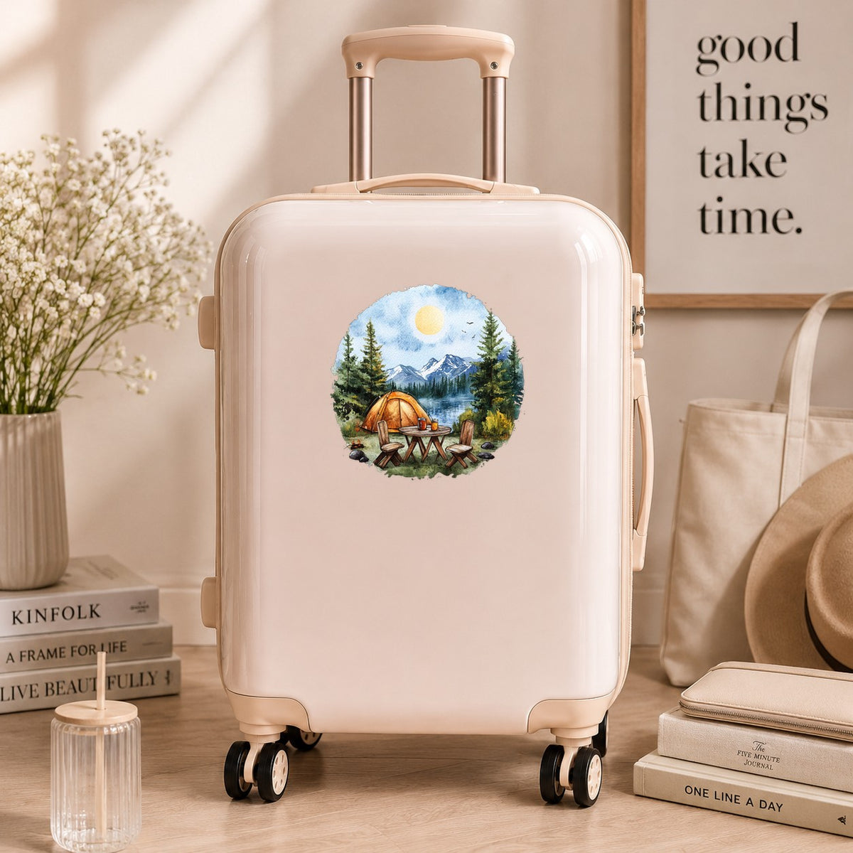 Lakeside Camp Scene UV DTF sticker applied to a neutral suitcase