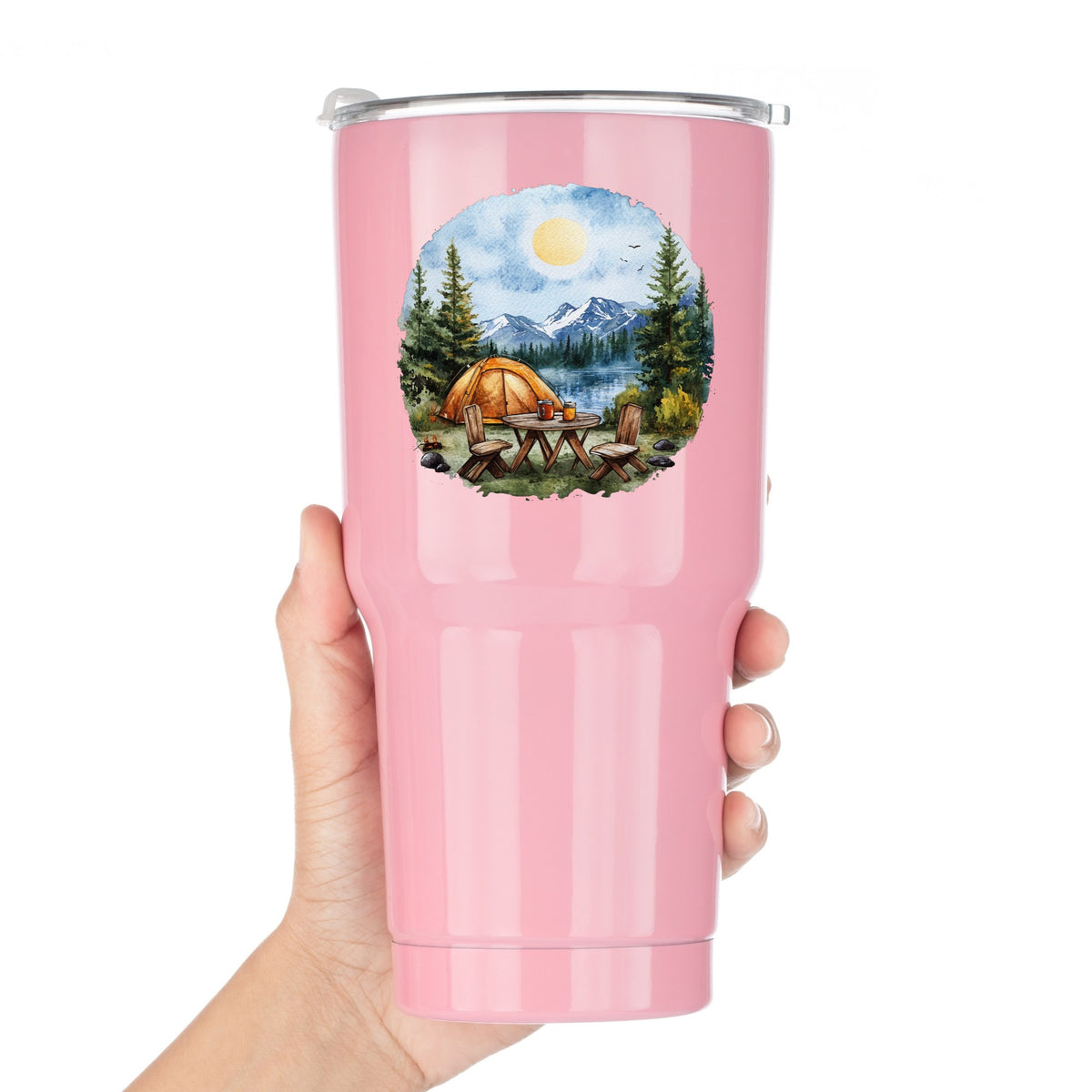 Lakeside Camp Scene UV DTF sticker applied to a pink tumbler