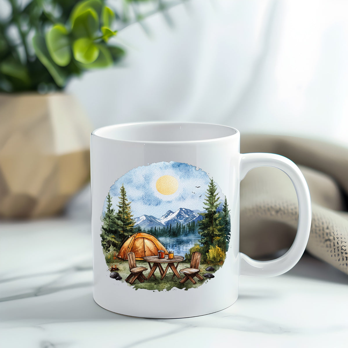 Lakeside Camp Scene UV DTF sticker applied to a white coffee mug