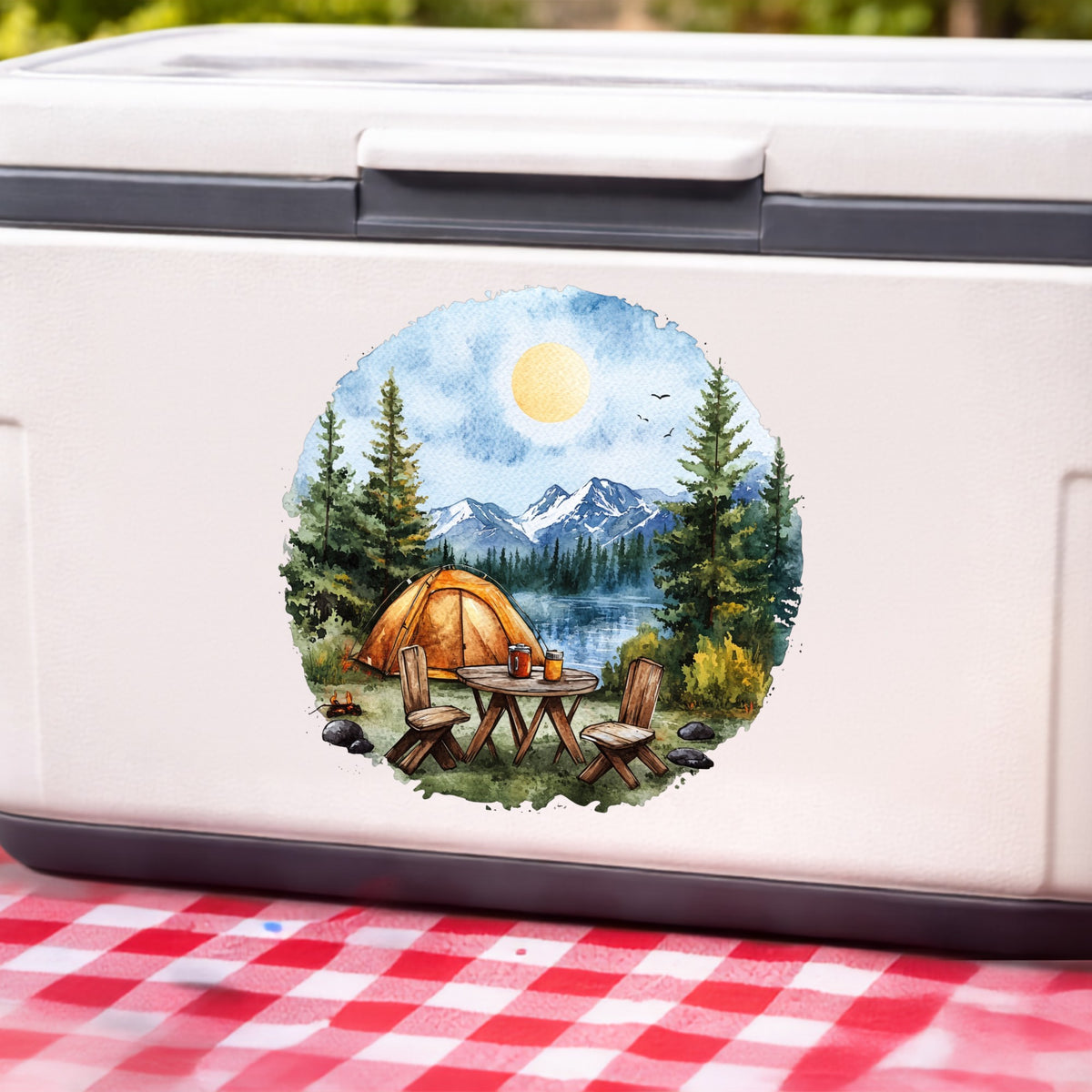 Lakeside Camp Scene UV DTF sticker applied to a white cooler