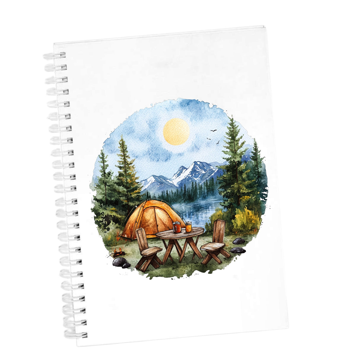 Lakeside Camp Scene UV DTF sticker applied to a white journal