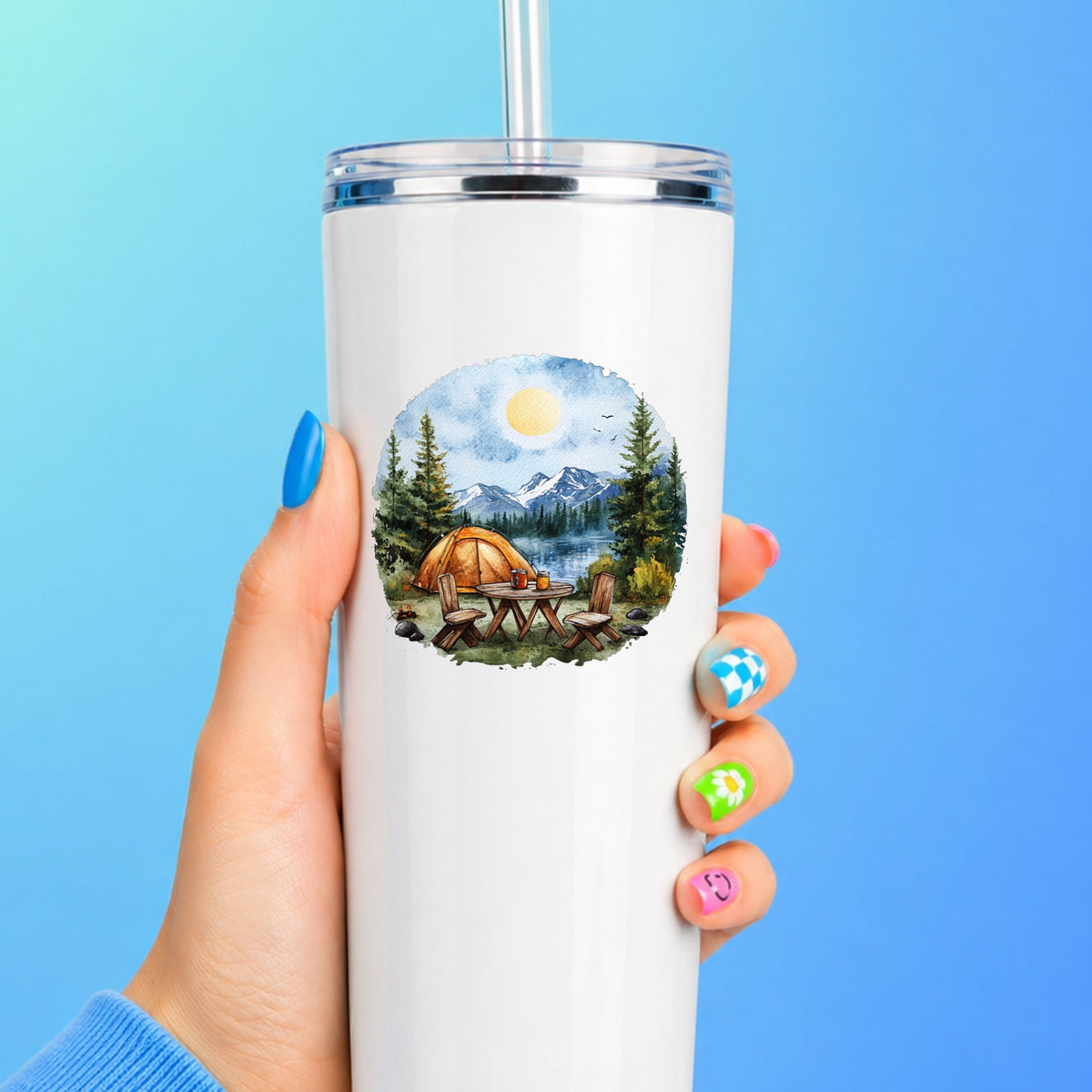 Lakeside Camp Scene UV DTF sticker applied to a white tumbler