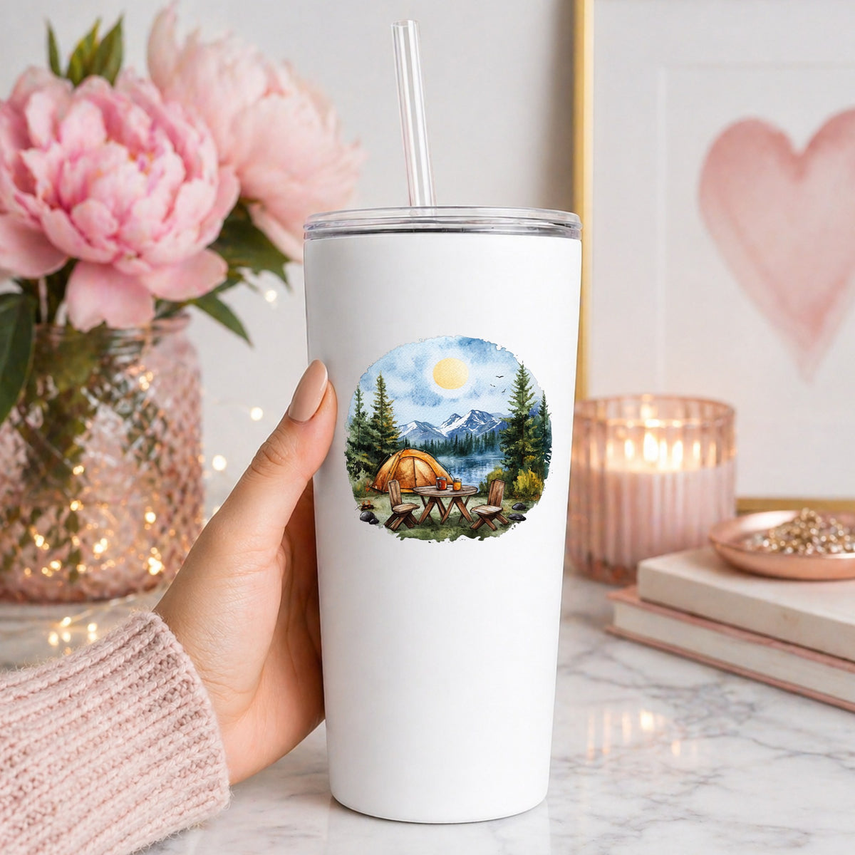 Lakeside Camp Scene UV DTF sticker applied to a white tumbler