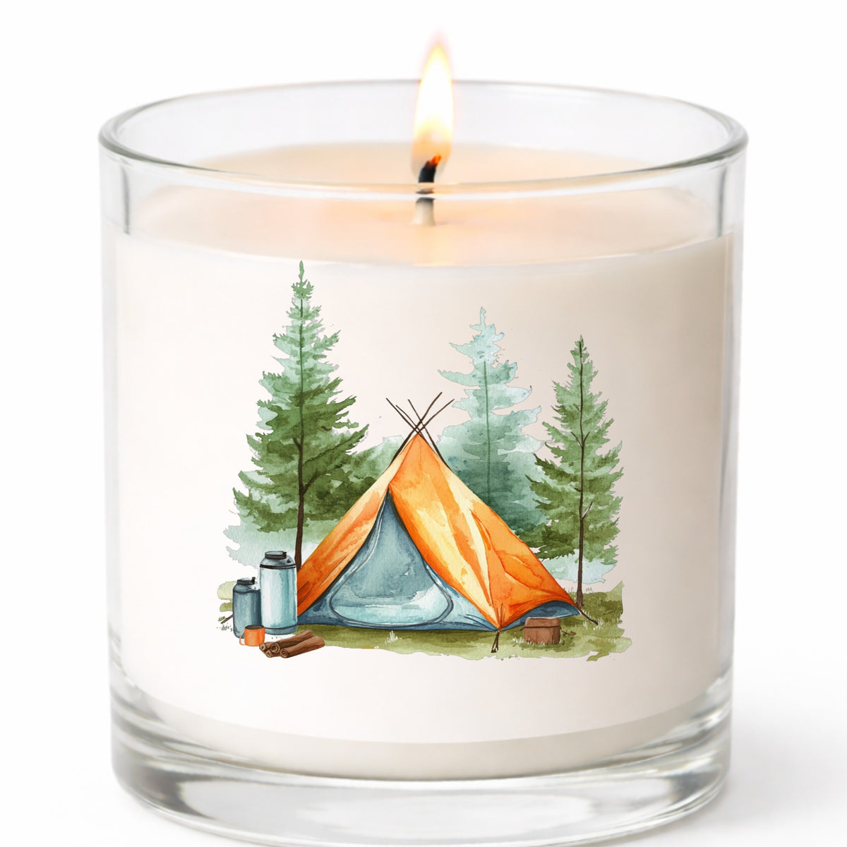 Orange Teepee Tent UV DTF sticker applied to a candle jar