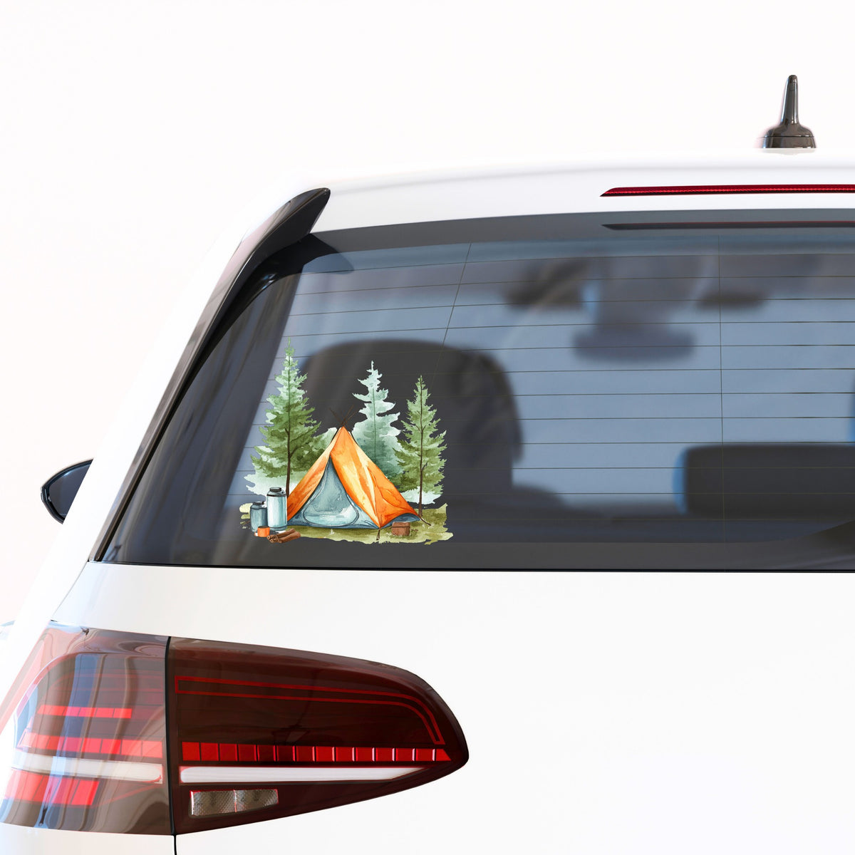 Orange Teepee Tent UV DTF sticker applied to a car window