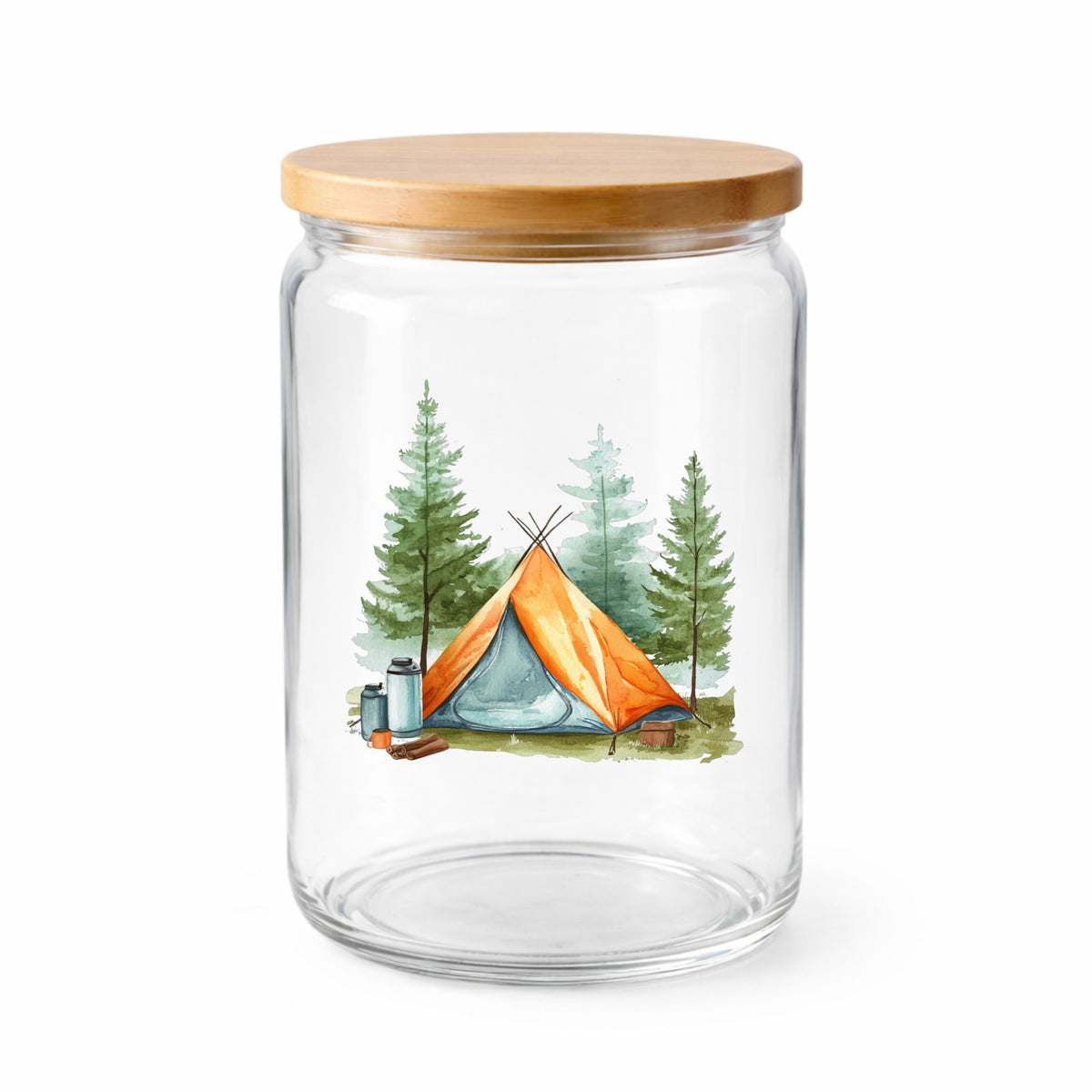 Orange Teepee Tent UV DTF sticker applied to a clear glass jar with lid