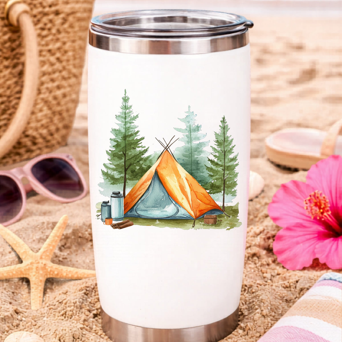 Orange Teepee Tent UV DTF sticker applied to a water bottle at the beach