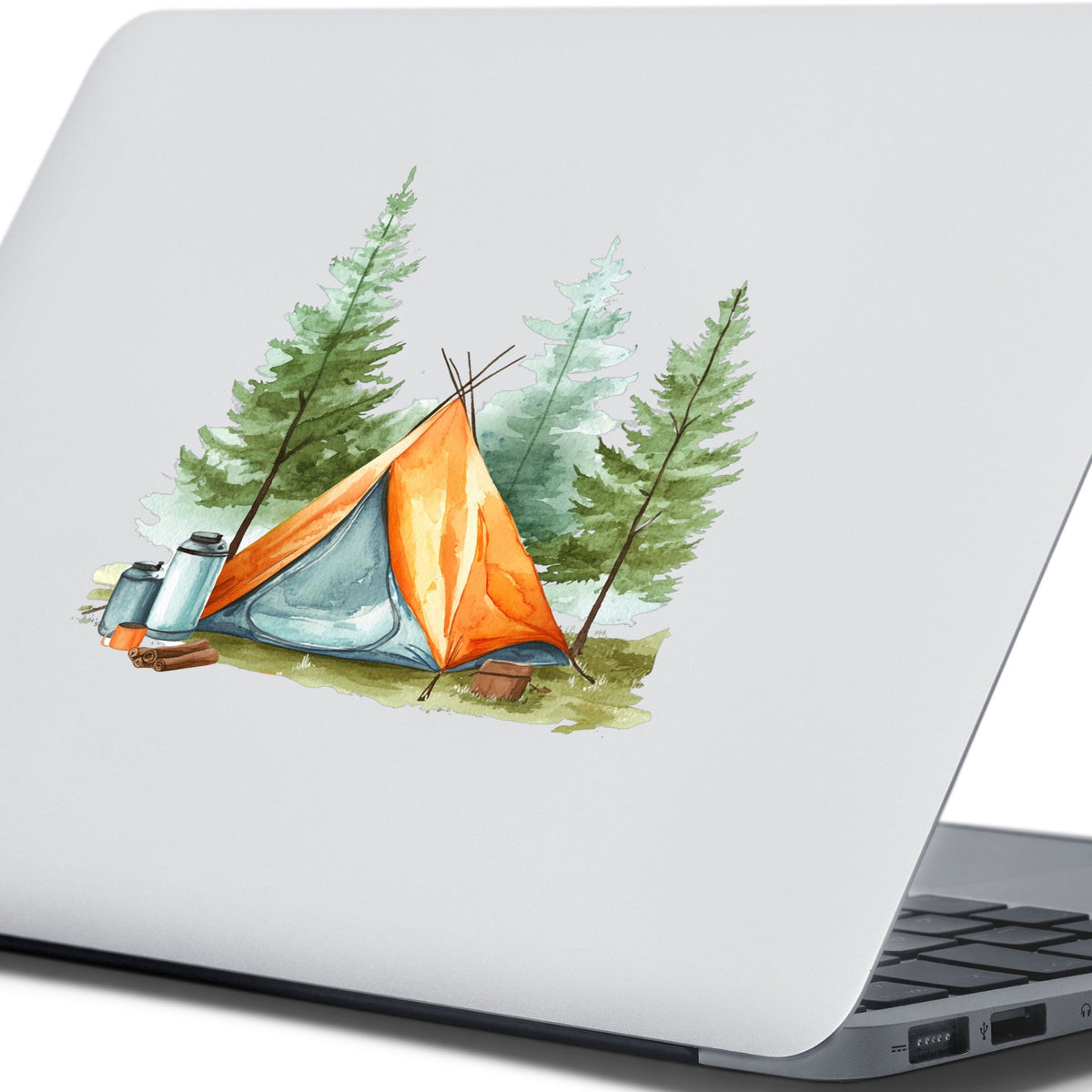 Orange Teepee Tent UV DTF sticker applied to a laptop