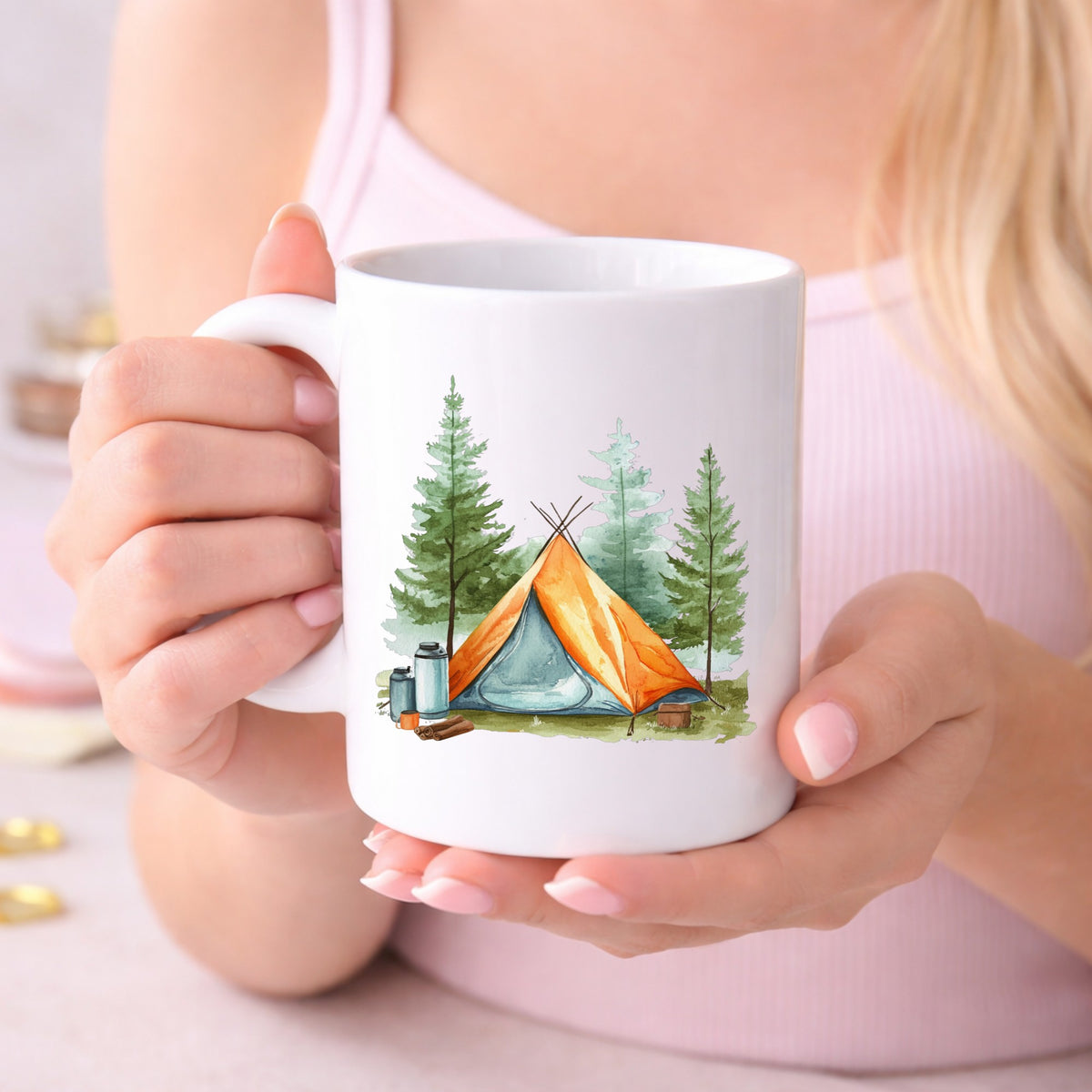 Orange Teepee Tent UV DTF sticker displayed on a white coffee mug