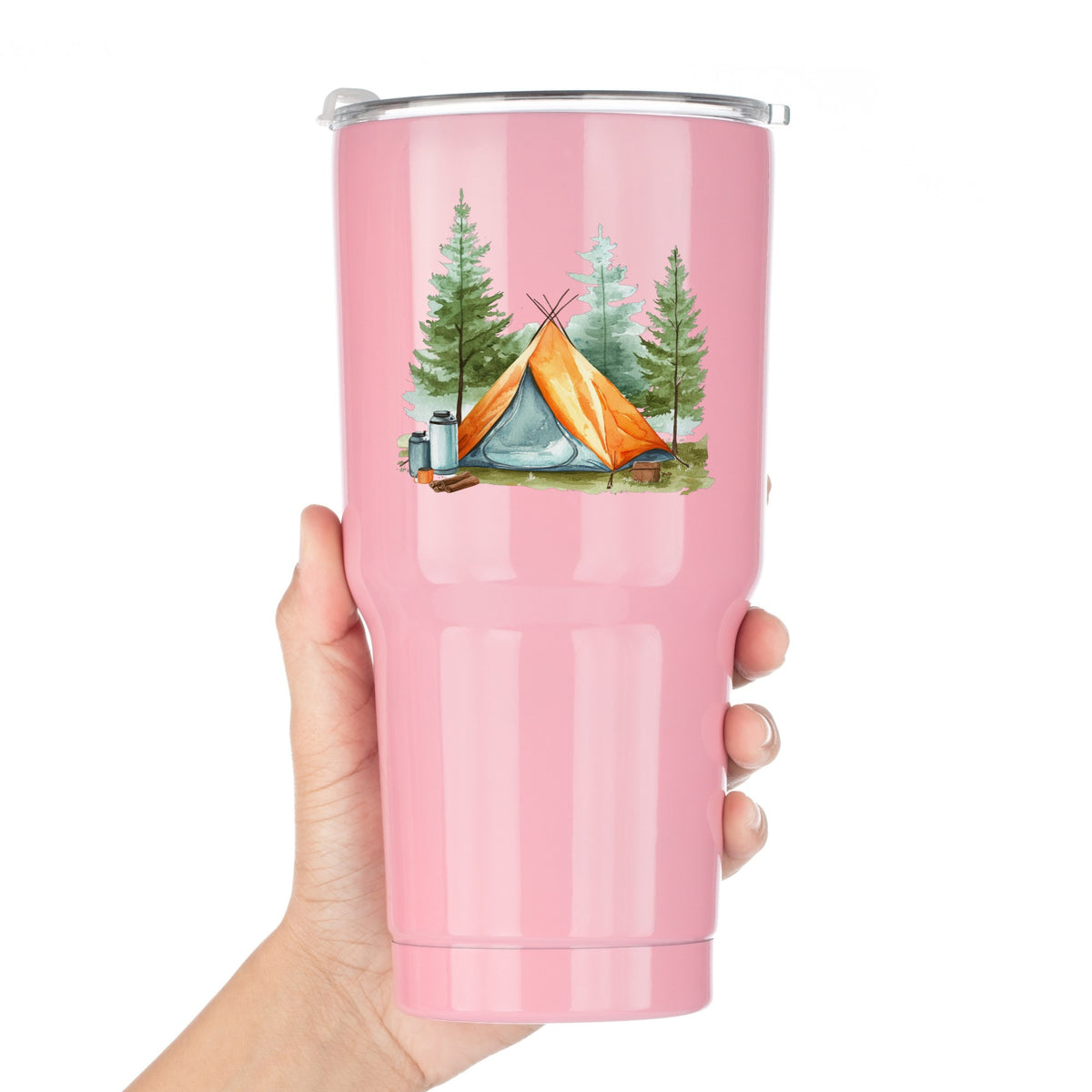 Orange Teepee Tent UV DTF sticker applied to a pink tumbler