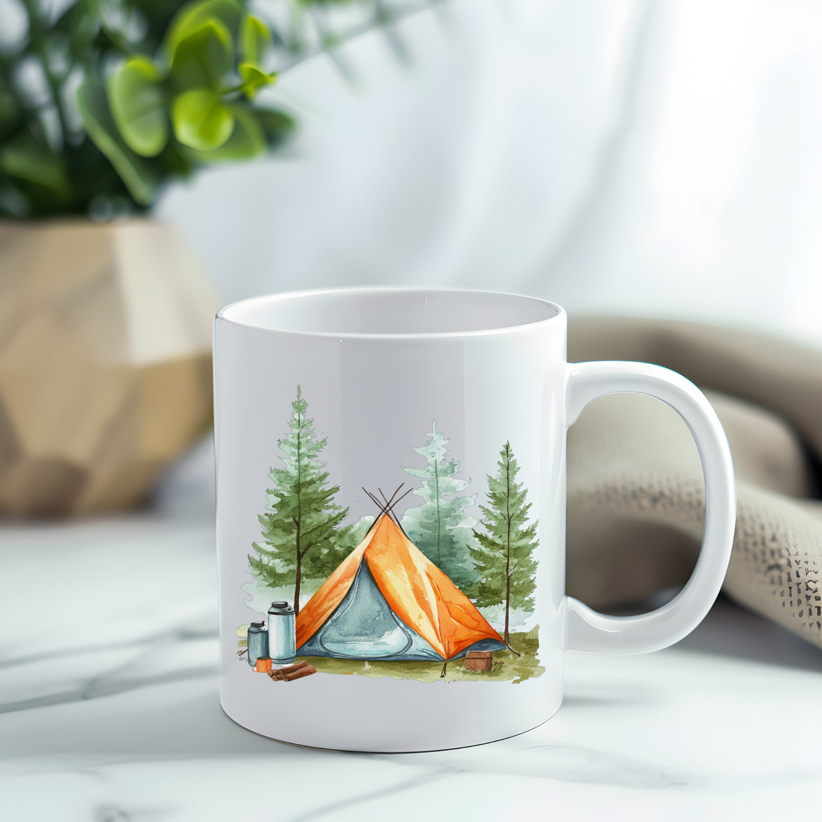 Orange Teepee Tent UV DTF sticker applied to a white coffee mug