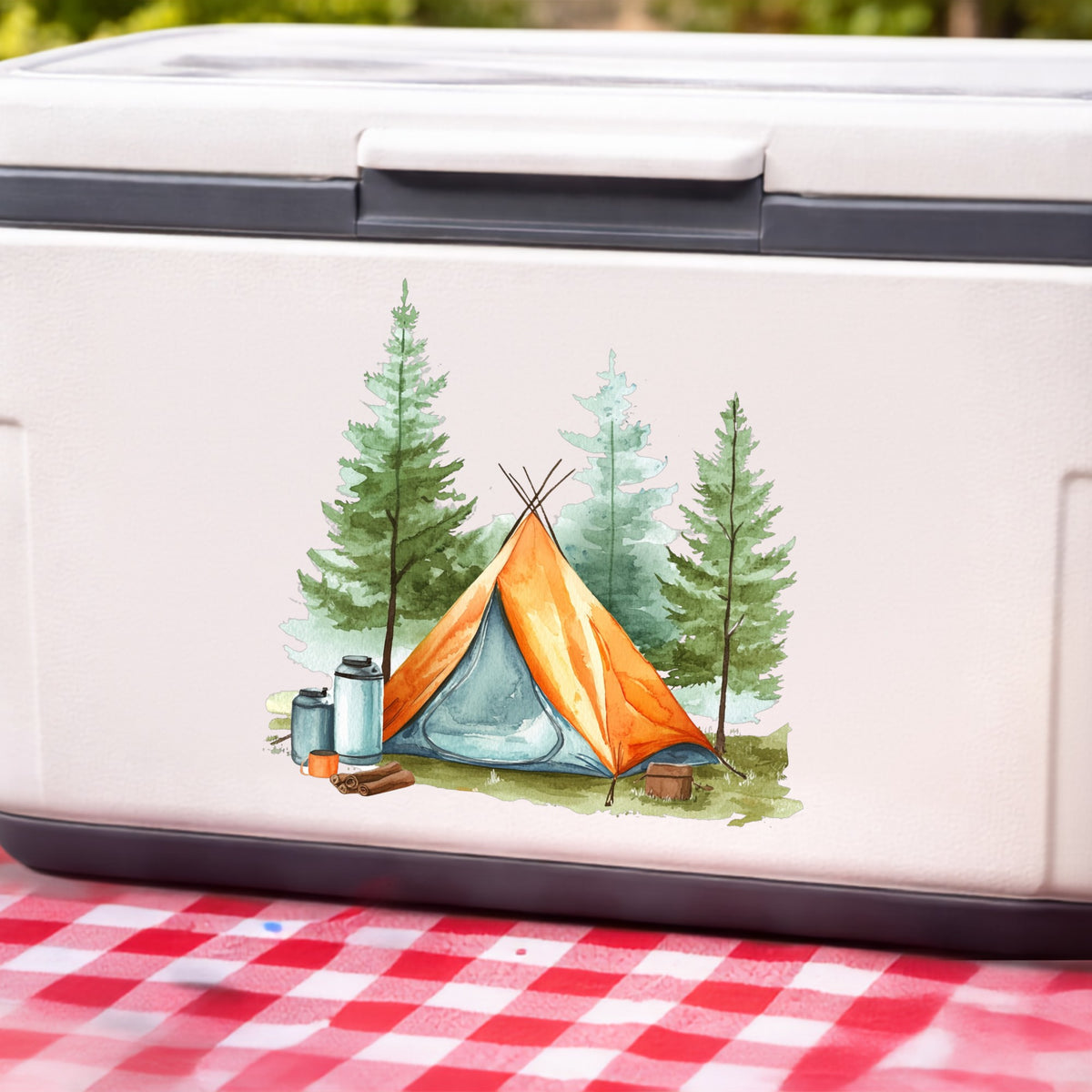 Orange Teepee Tent UV DTF sticker applied to a white cooler