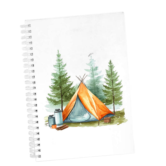 Orange Teepee Tent UV DTF sticker applied to a white journal