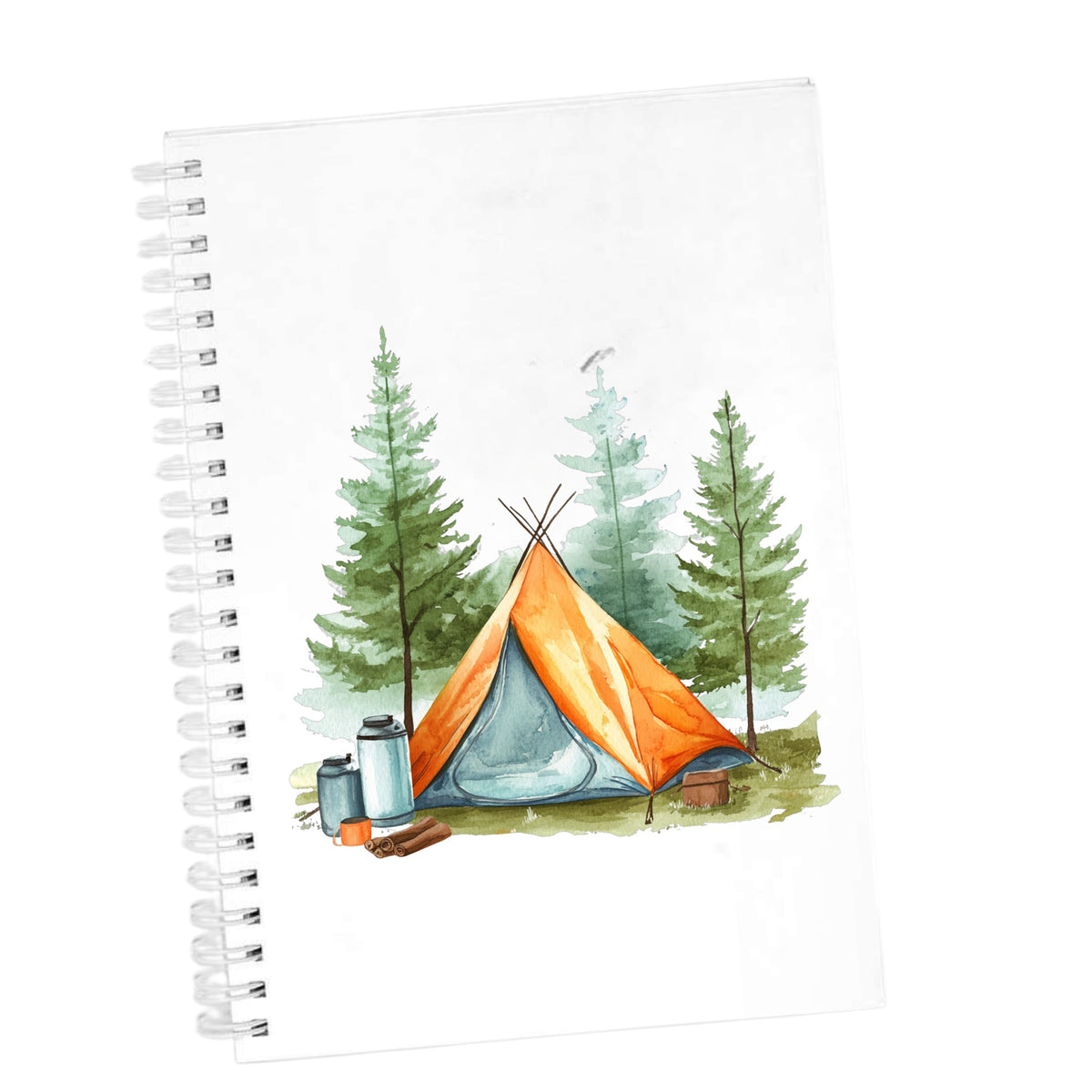 Orange Teepee Tent UV DTF sticker applied to a white journal