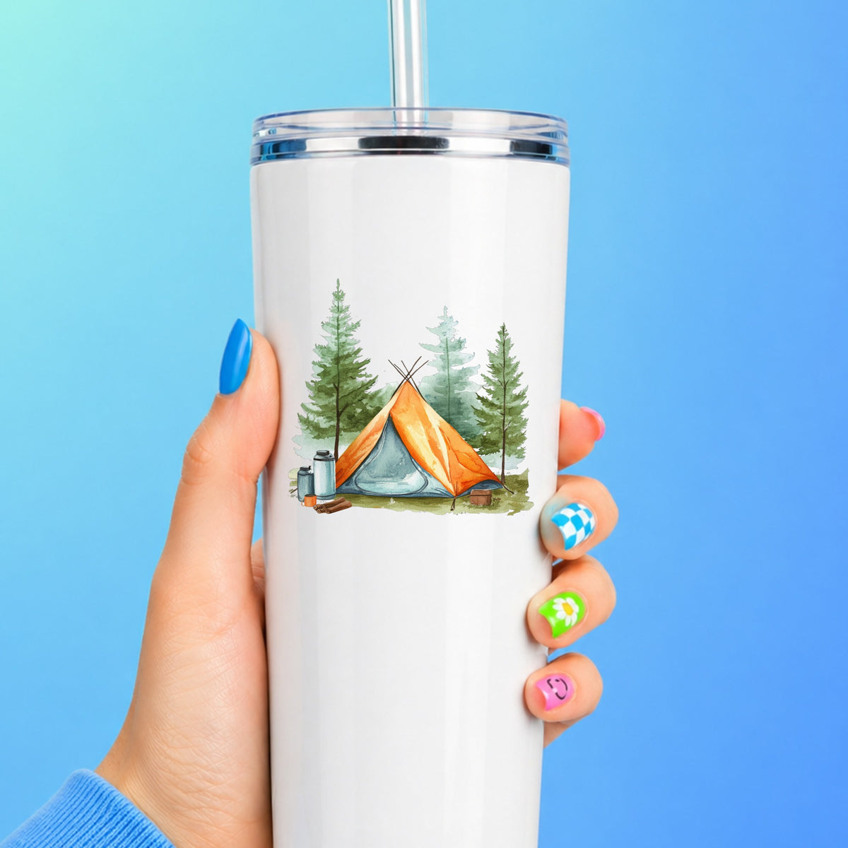 Orange Teepee Tent UV DTF sticker applied to a white tumbler