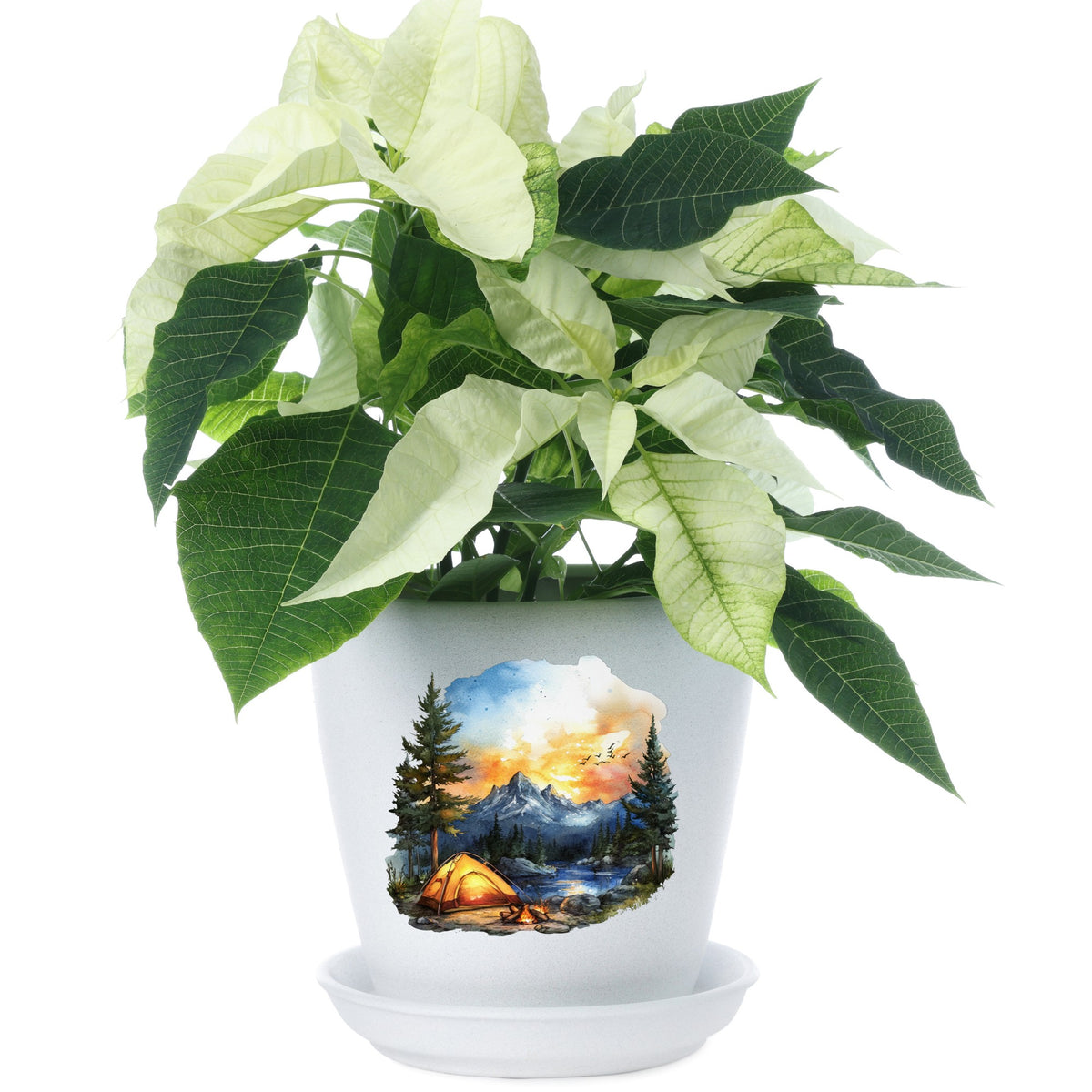 Sunset Mountain Campfire UV DTF sticker applied to a plant pot