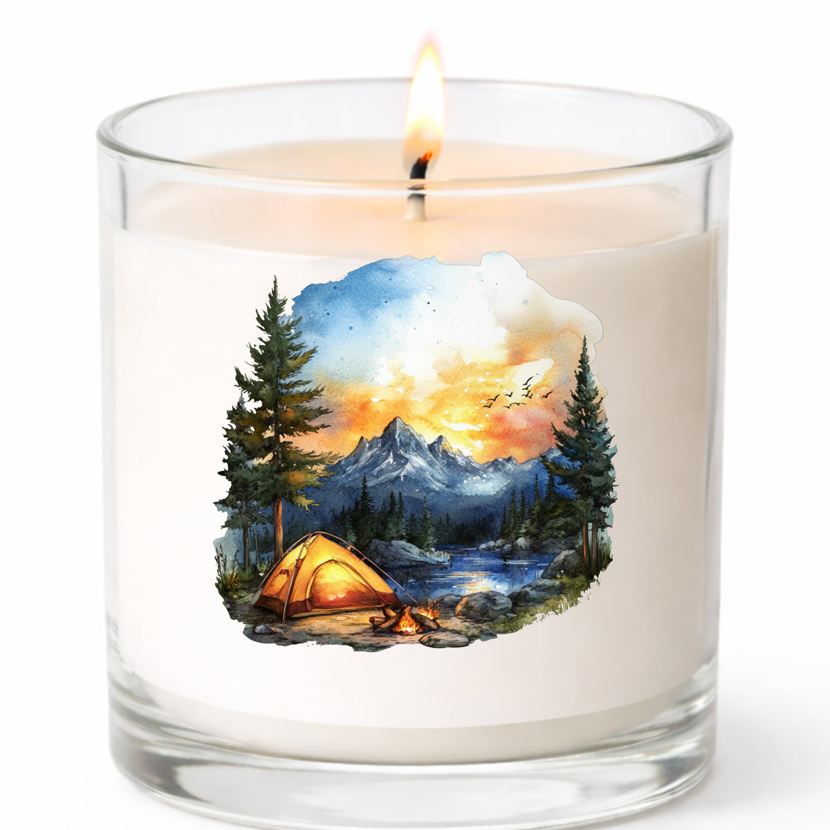 Sunset Mountain Campfire UV DTF sticker applied to a candle jar