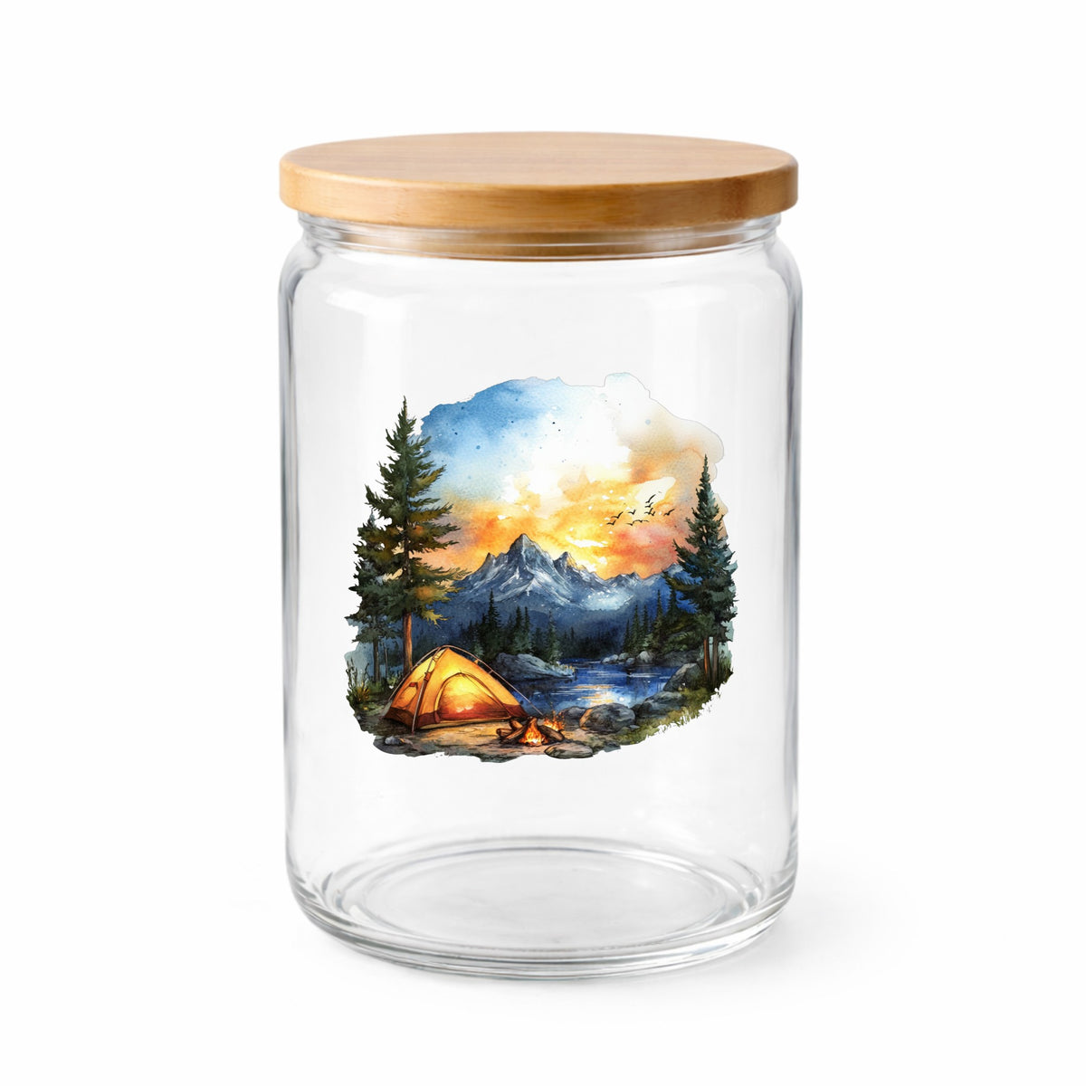 Sunset Mountain Campfire UV DTF sticker applied to a clear glass jar with lid