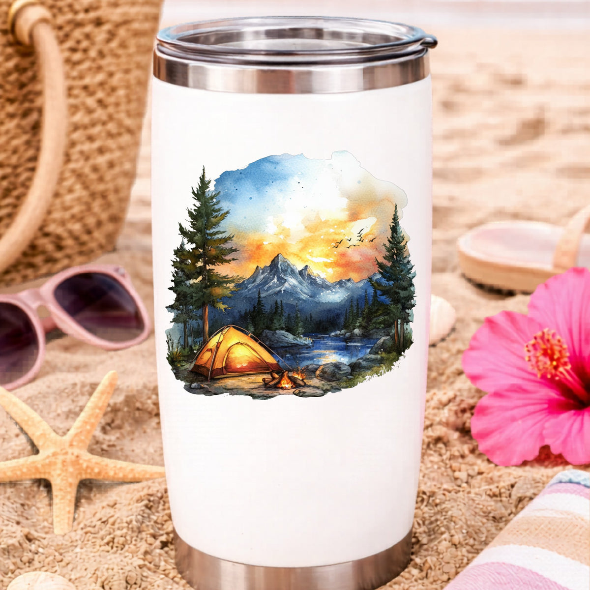 Sunset Mountain Campfire UV DTF sticker applied to a water bottle at the beach