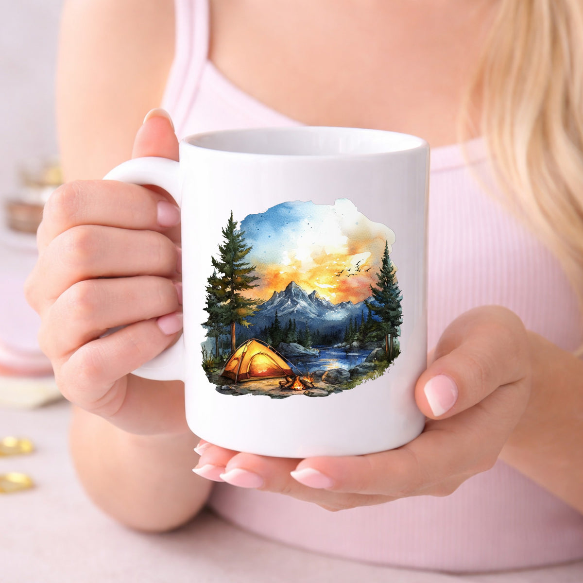 Sunset Mountain Campfire UV DTF sticker displayed on a white coffee mug