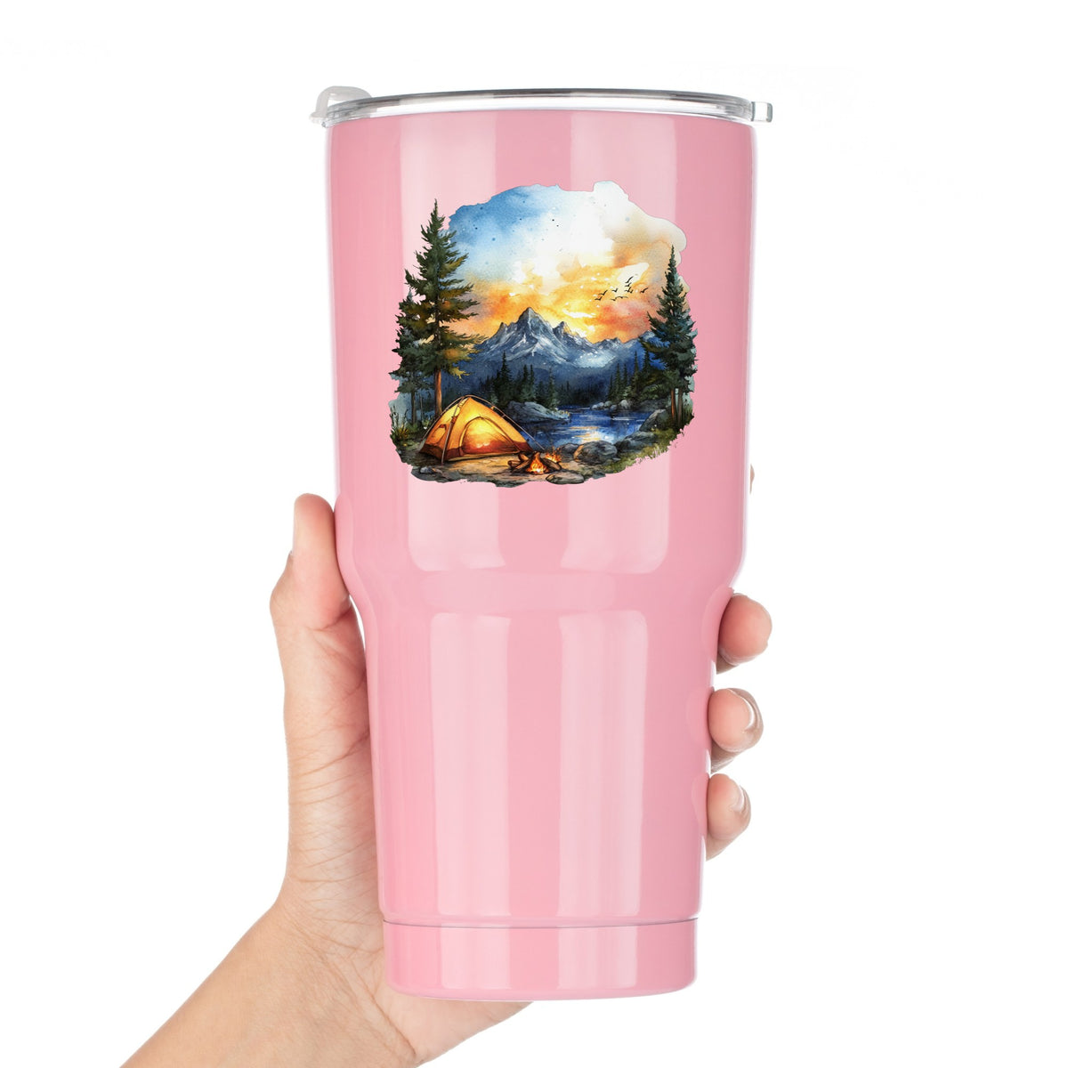 Sunset Mountain Campfire UV DTF sticker applied to a pink tumbler