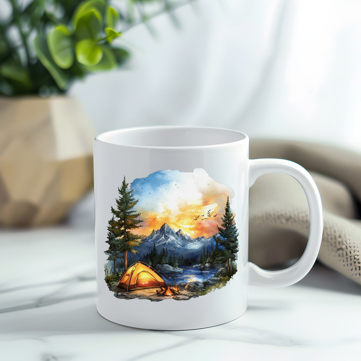 Sunset Mountain Campfire UV DTF sticker applied to a white coffee mug