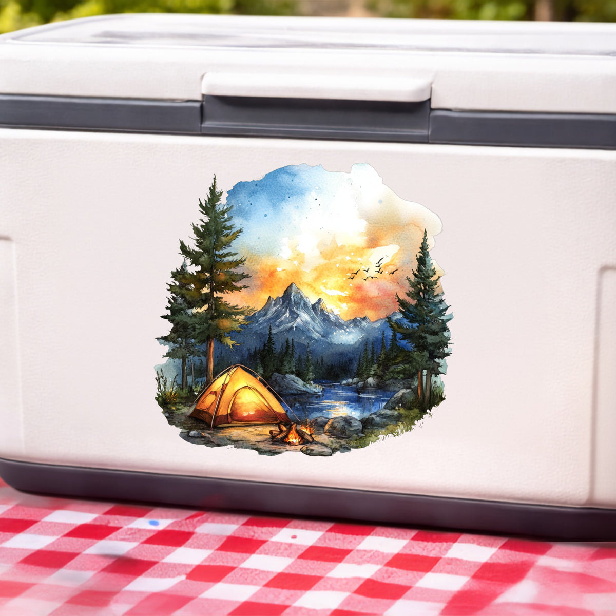 Sunset Mountain Campfire UV DTF sticker applied to a white cooler