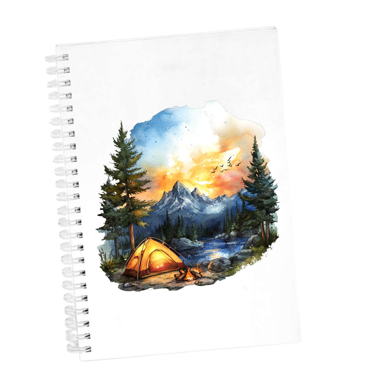 Sunset Mountain Campfire UV DTF sticker applied to a white journal
