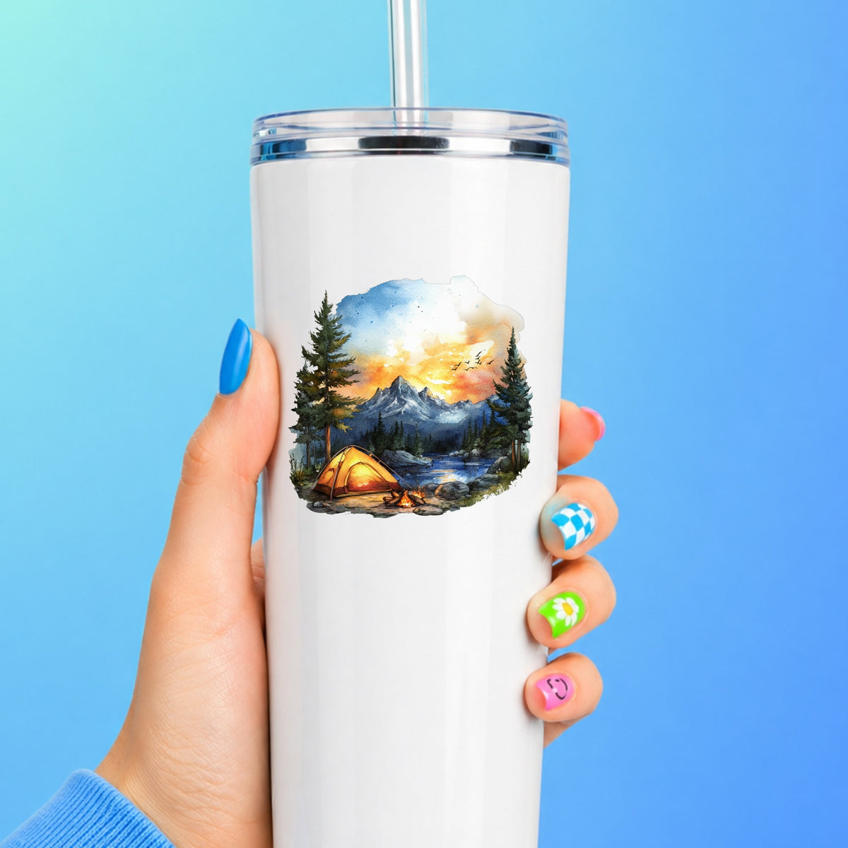 Sunset Mountain Campfire UV DTF sticker applied to a white tumbler