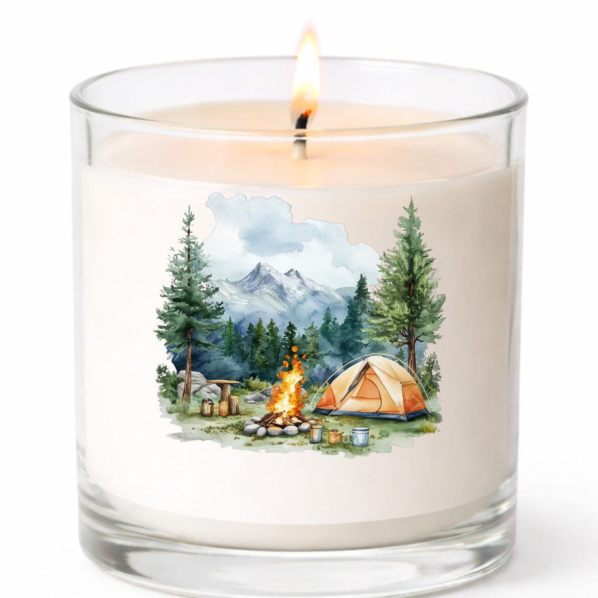 Campfire And Tent With Mugs UV DTF sticker applied to a candle jar