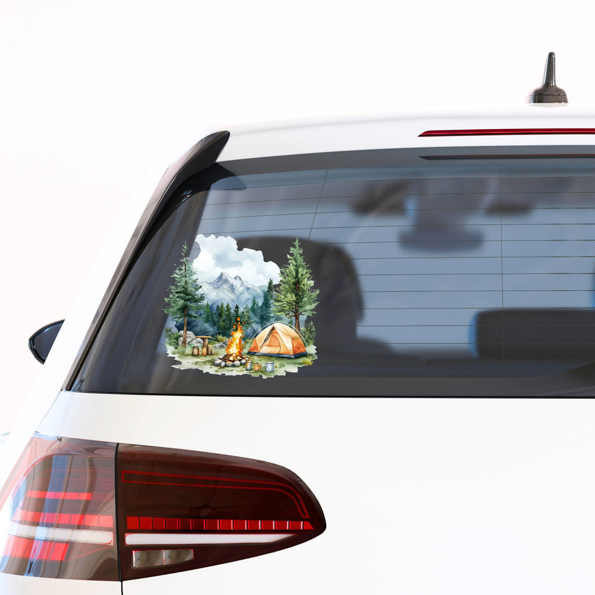 Campfire And Tent With Mugs UV DTF sticker applied to a car window