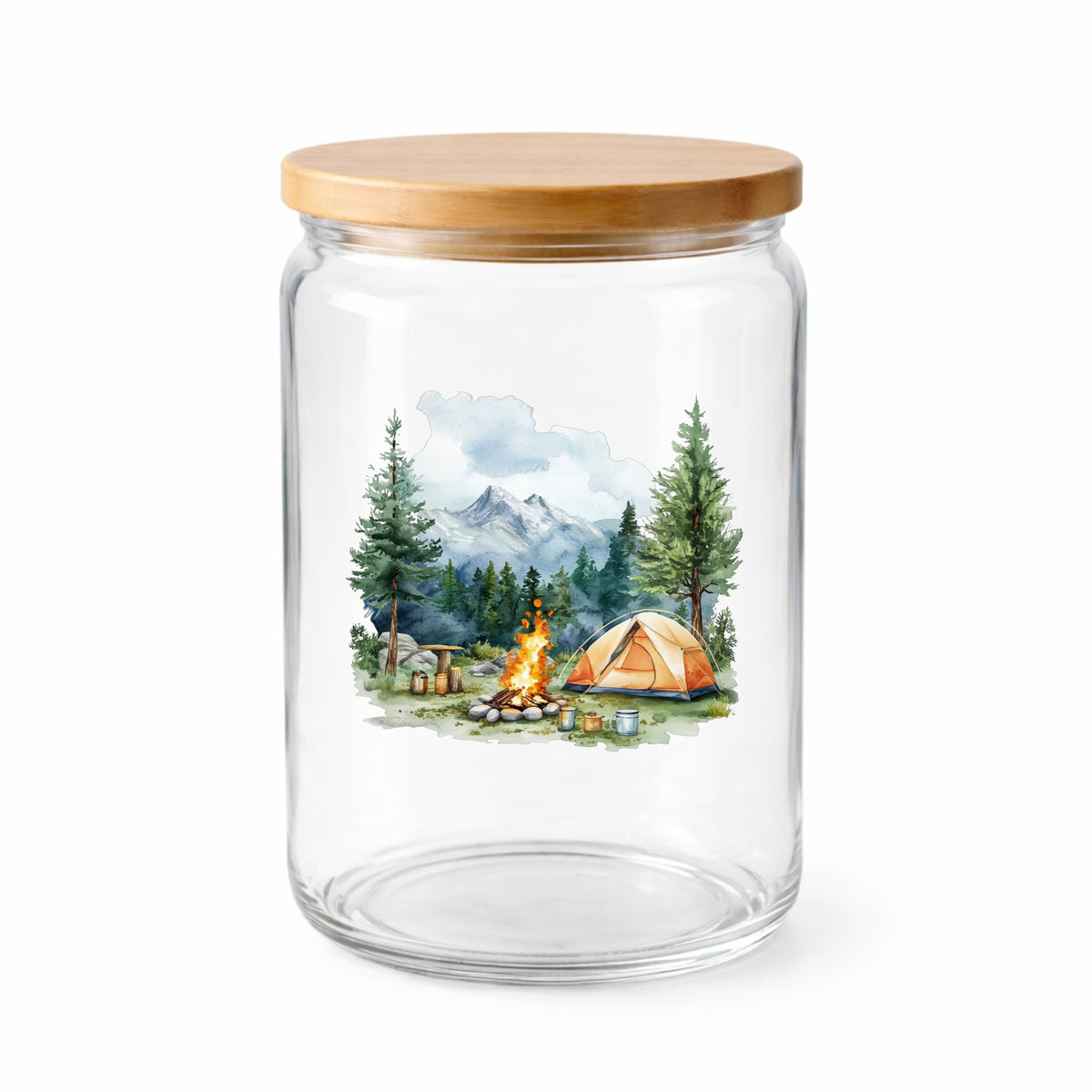 Campfire And Tent With Mugs UV DTF sticker applied to a clear glass jar with lid