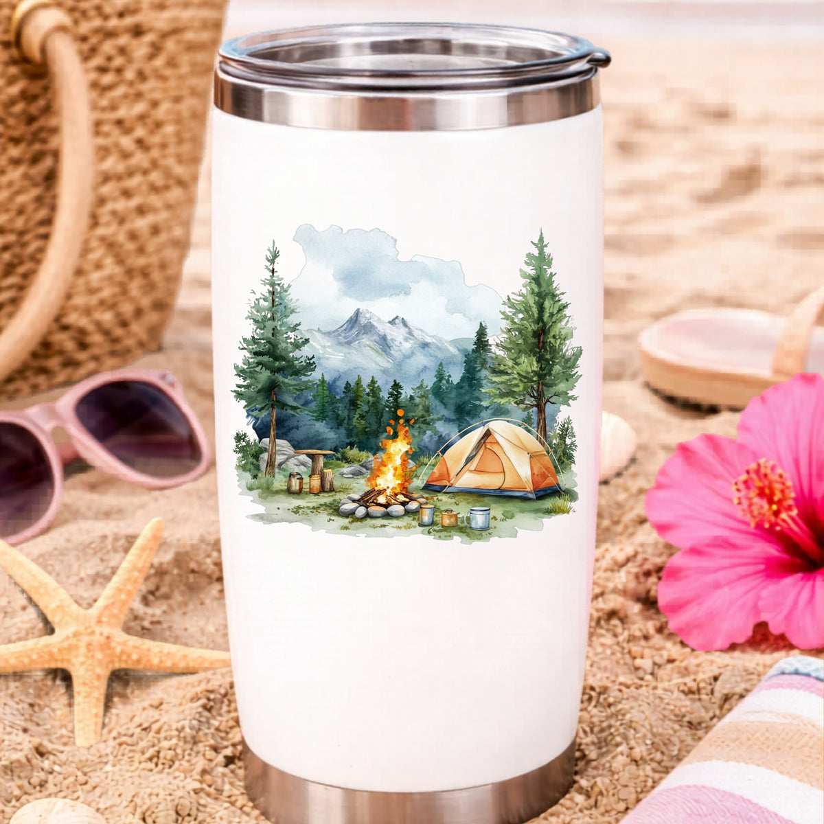 Campfire And Tent With Mugs UV DTF sticker applied to a water bottle at the beach