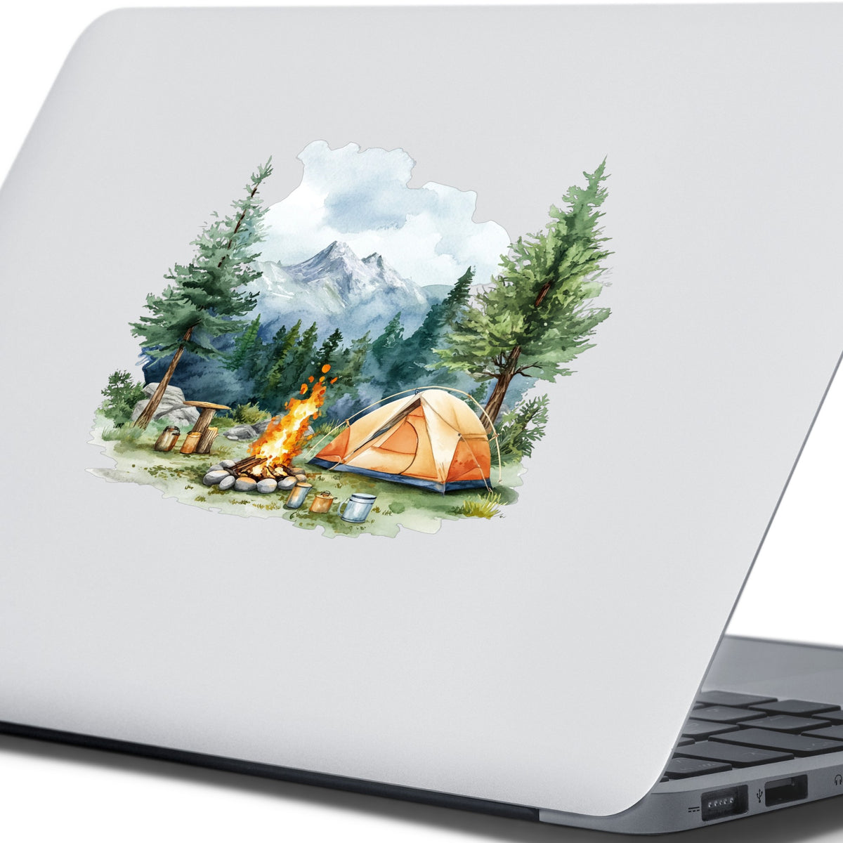 Campfire And Tent With Mugs UV DTF sticker applied to a laptop