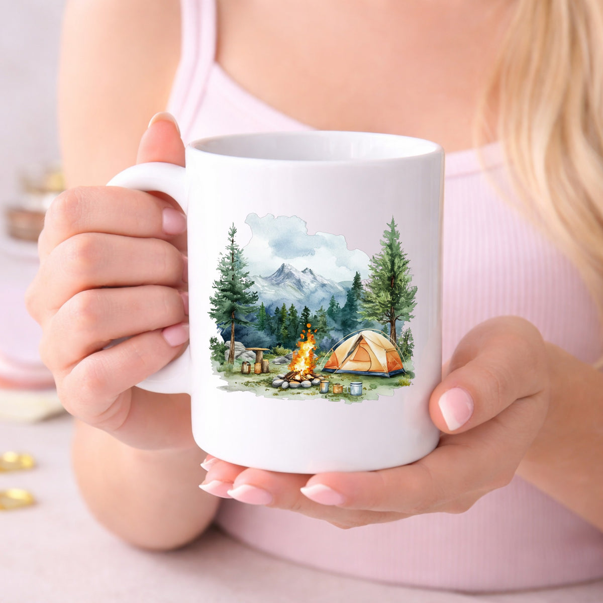 Campfire And Tent With Mugs UV DTF sticker displayed on a white coffee mug
