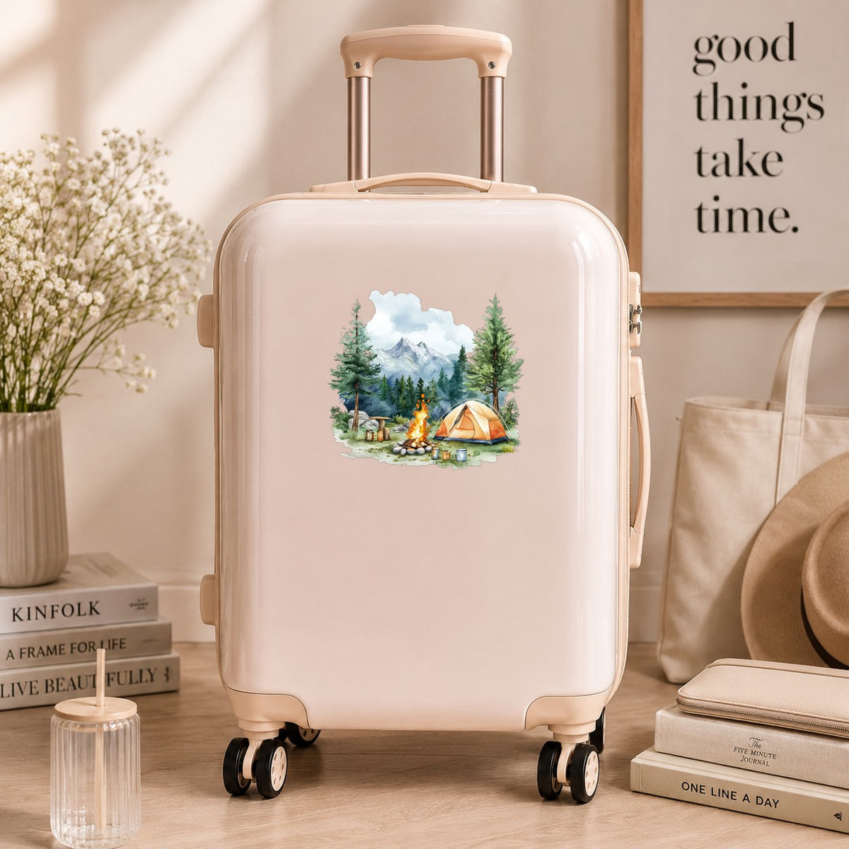 Campfire And Tent With Mugs UV DTF sticker applied to a neutral suitcase