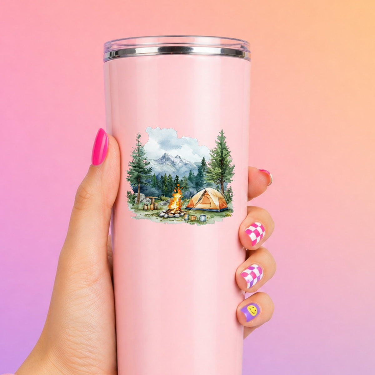 Campfire And Tent With Mugs UV DTF sticker applied to a pink tumbler