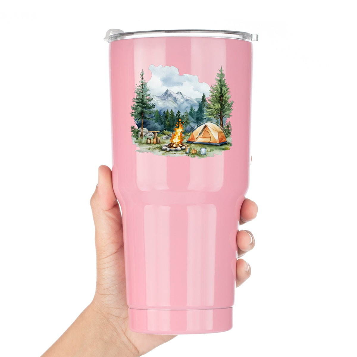 Campfire And Tent With Mugs UV DTF sticker applied to a pink tumbler