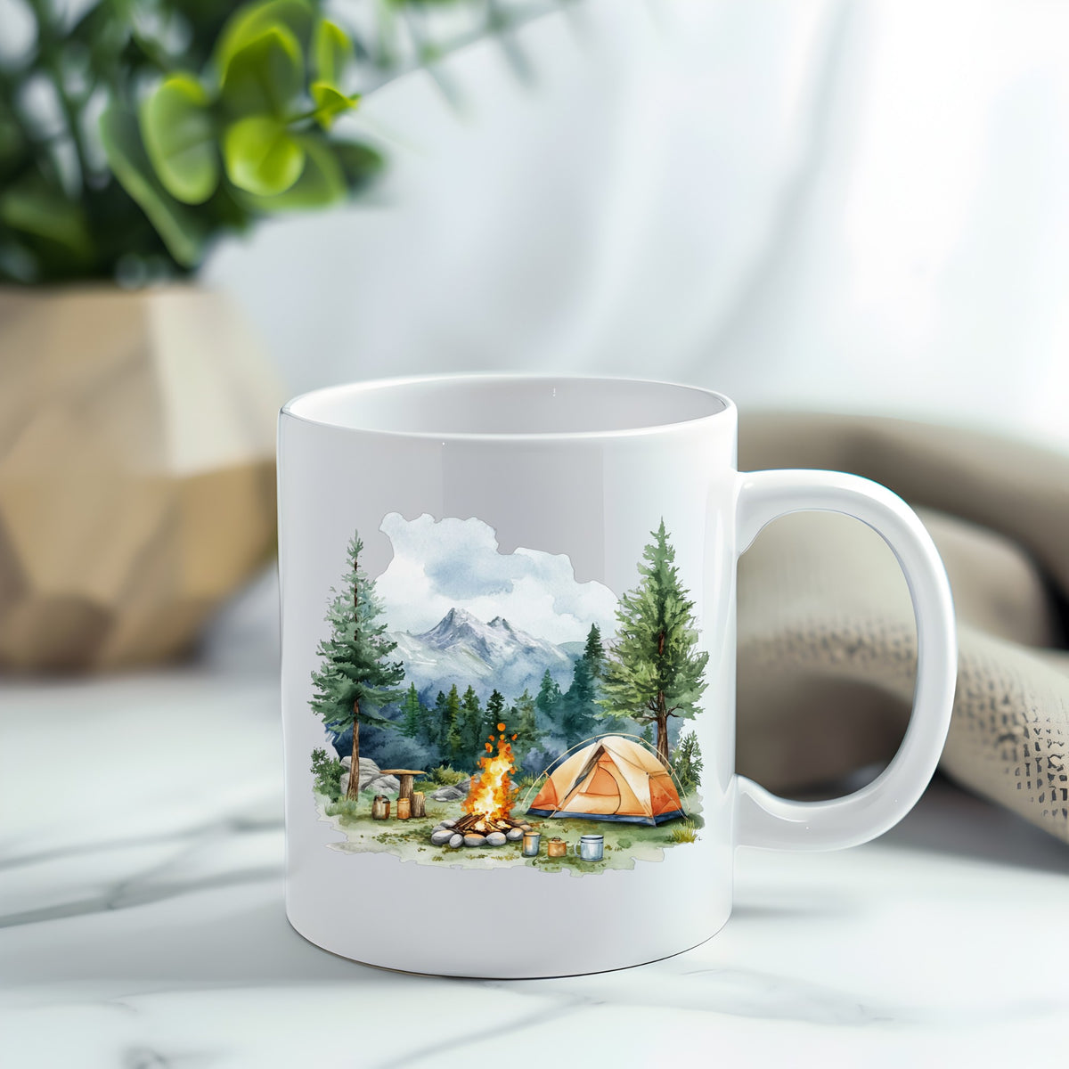 Campfire And Tent With Mugs UV DTF sticker applied to a white coffee mug