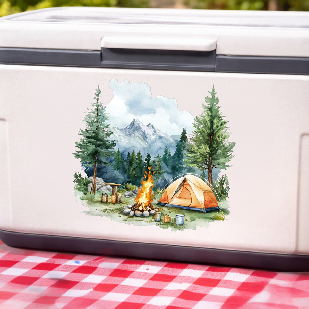 Campfire And Tent With Mugs UV DTF sticker applied to a white cooler