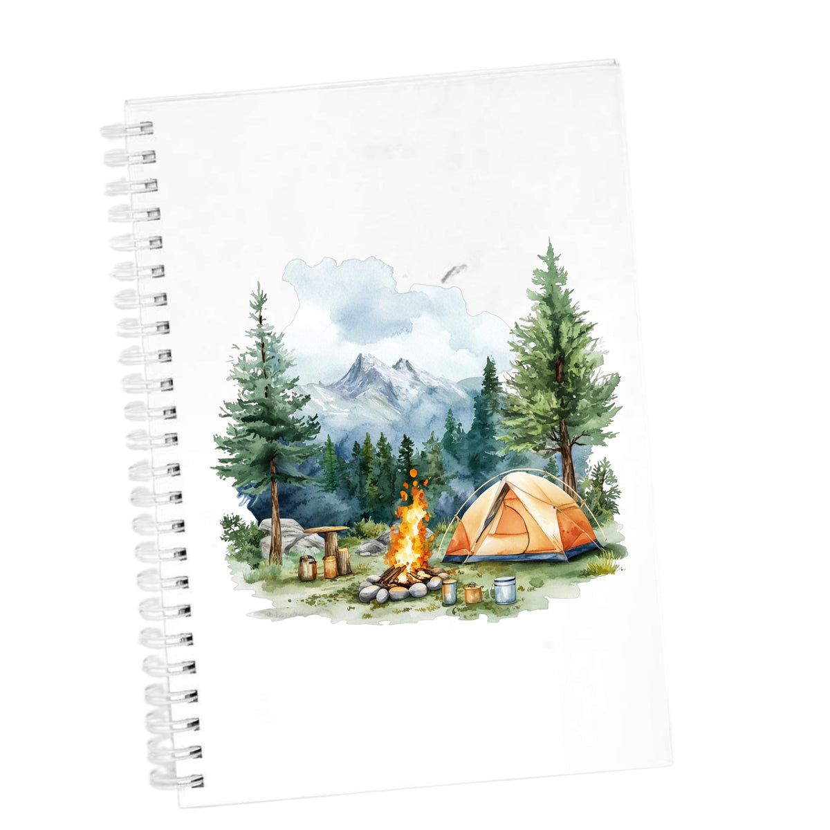 Campfire And Tent With Mugs UV DTF sticker applied to a white journal