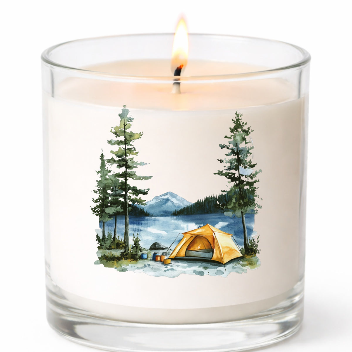 Yellow Tent By Lake UV DTF sticker applied to a candle jar