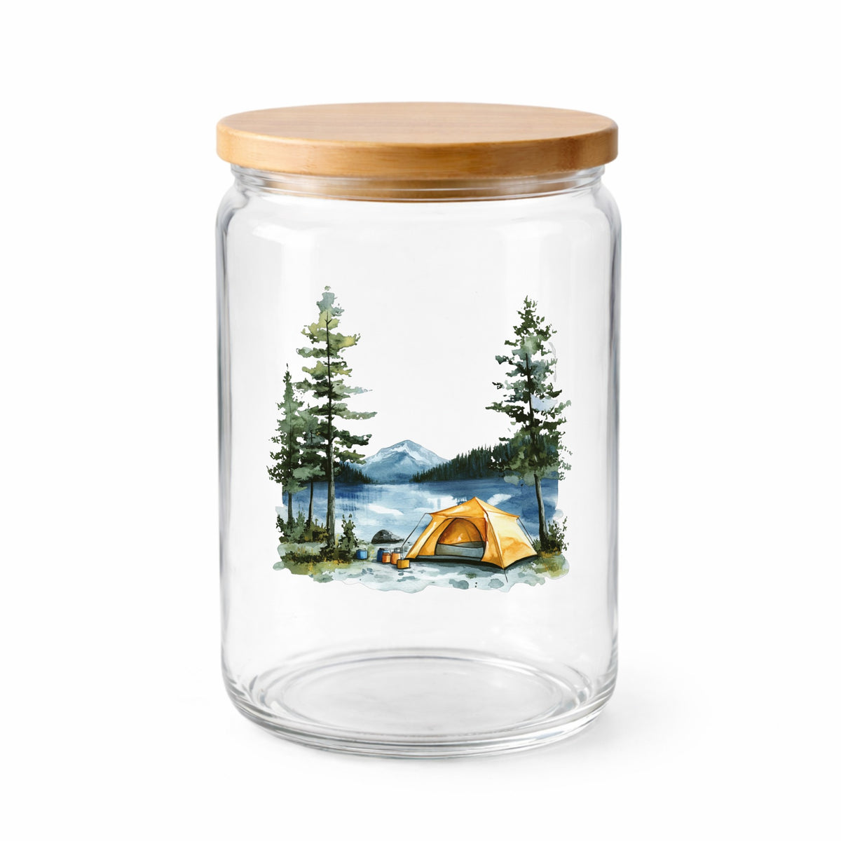 Yellow Tent By Lake UV DTF sticker applied to a clear glass jar with lid