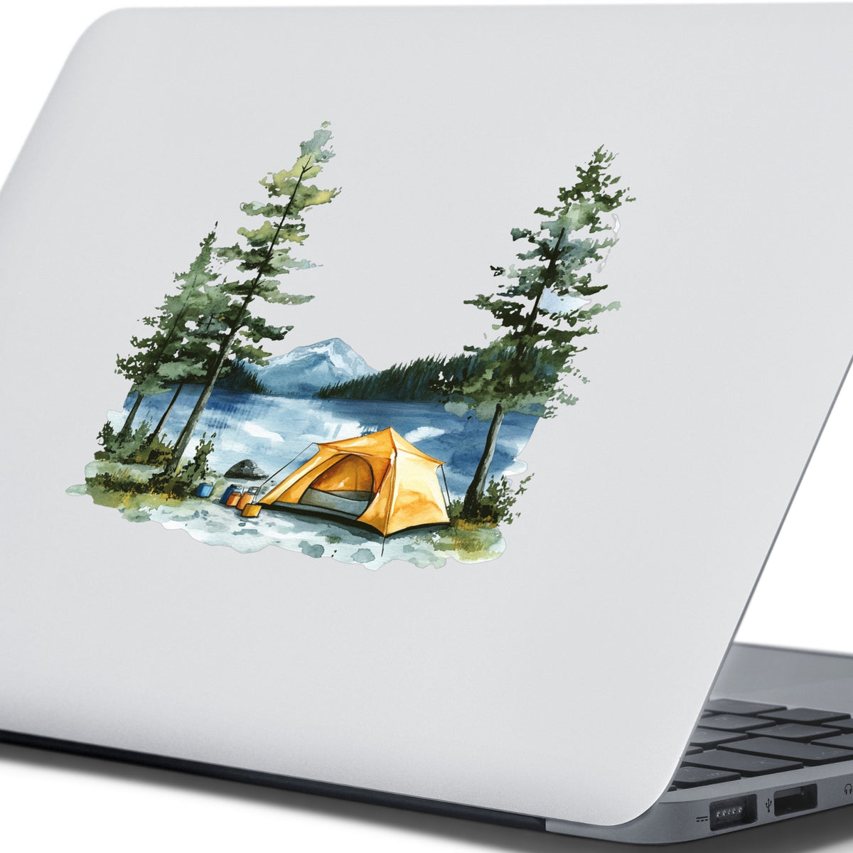 Yellow Tent By Lake UV DTF sticker applied to a laptop