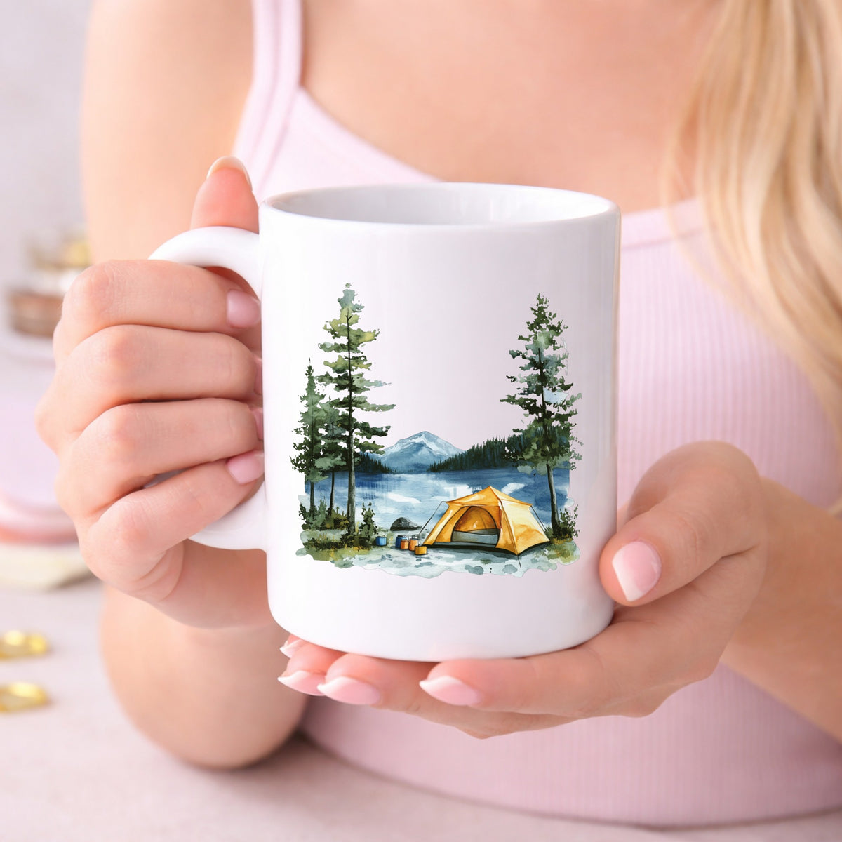 Yellow Tent By Lake UV DTF sticker displayed on a white coffee mug