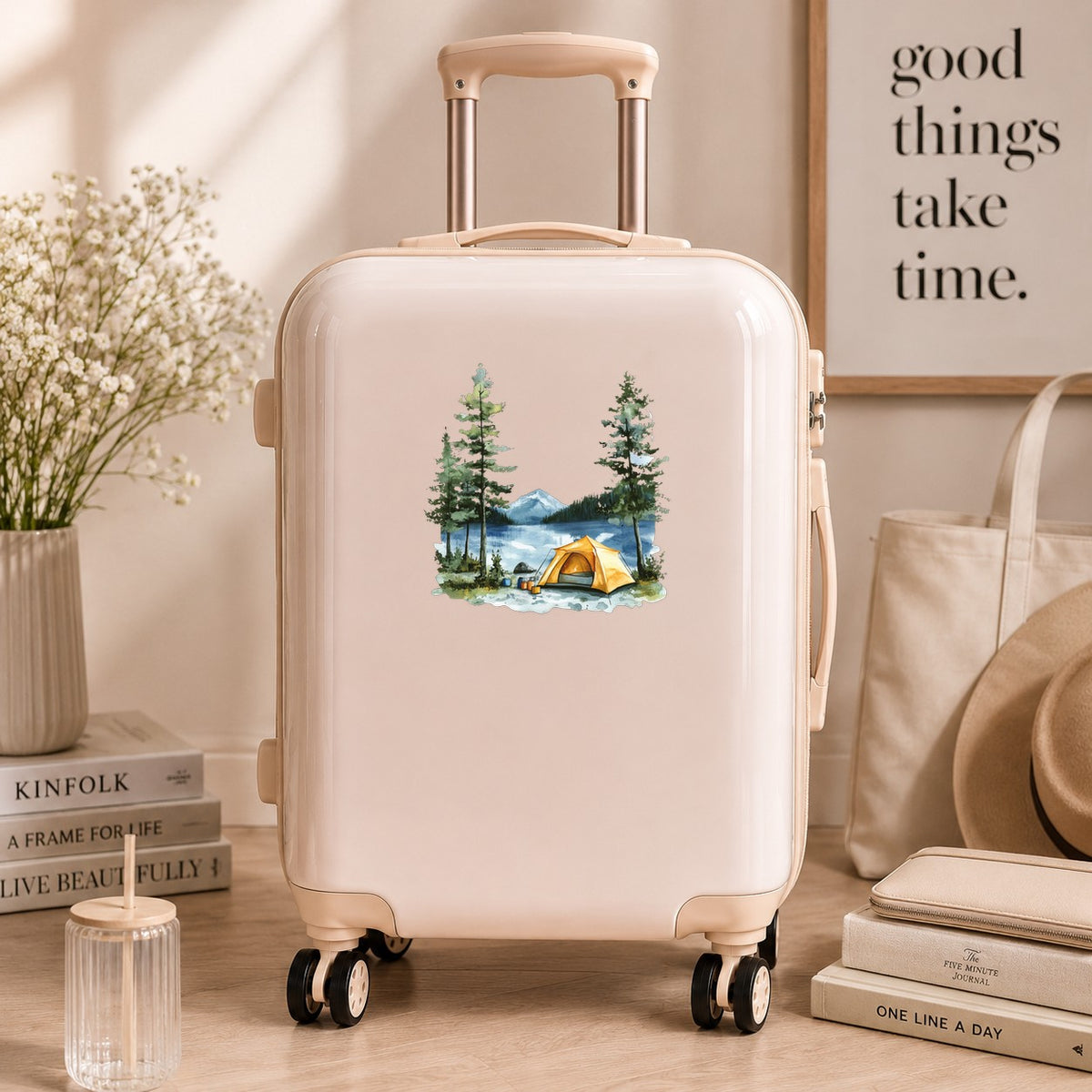 Yellow Tent By Lake UV DTF sticker applied to a neutral suitcase