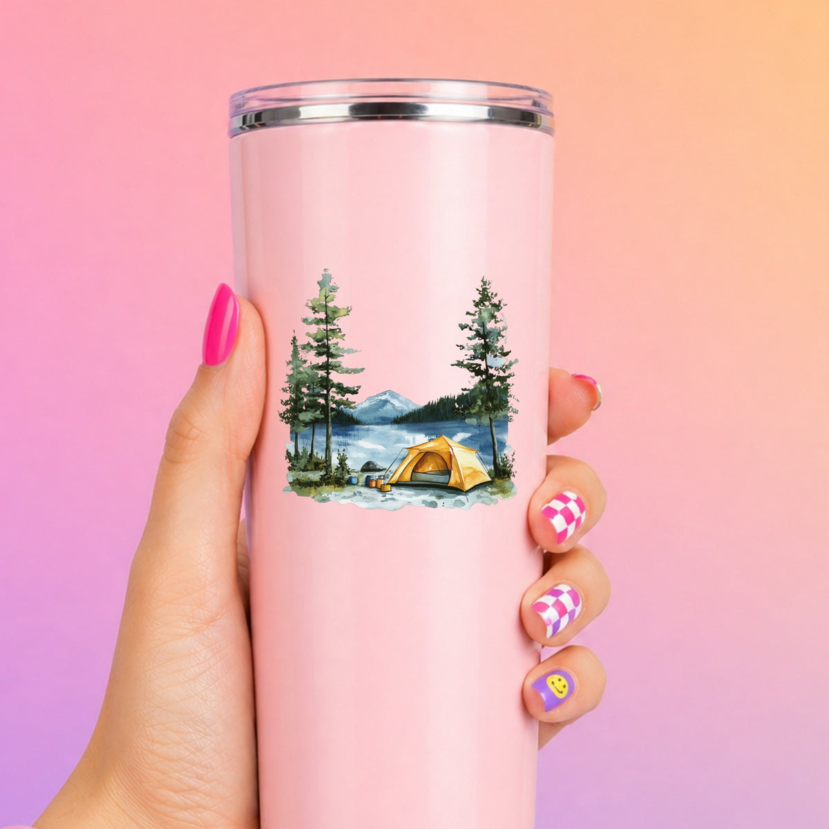 Yellow Tent By Lake UV DTF sticker applied to a pink tumbler